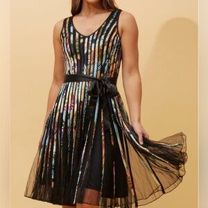 Stella Morgan Trudy Ribbon Dress Fit n Flare Glam Unique Black Satin Bow Sz 8